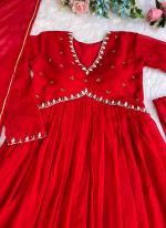 Red Faux Georgette Party Wear Embroidery Work Alia Cut Salwar Suit